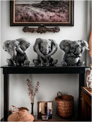 Görmedim Duymadım Bilmiyorum Gümüş Filler Biblo -Ev ve Ofis Dekorasyonu Şık  Tv Arkası Dekor 3lü Se