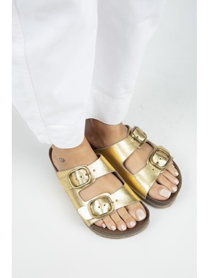 Manijero Jazmin Kadın Hakiki Deri Çift Tokalı Gold Terlik