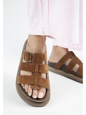 Manijero (Hicks) Kadın Hakiki Deri Tokalı Bantlı Taba Terlik