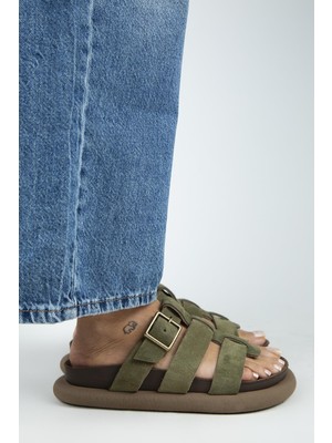 Manijero (Hicks) Kadın Hakiki Deri Tokalı Bantlı Haki Terlik