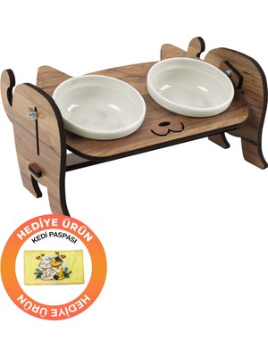Ahşap Kedi Mama Seramik Su Kabı Standı,kedili Mama Kabı, Hediye Kedi Halısı
