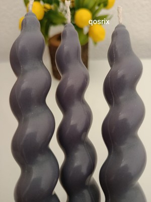 Qosrix 3'lü Gri Italyan Burgulu Şamdan Soya Mumu Doğal Kokulu Uzun Çubuk Konik Burgu Spiral Mum Dekoratif