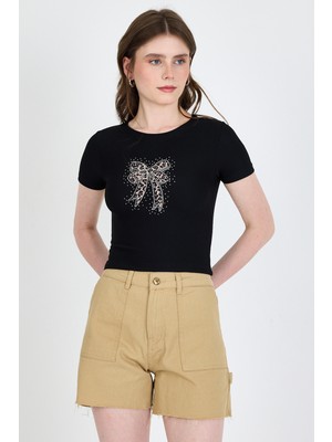 Siyah Leopar Fiyonk Baskılı Taş Detaylı Slim Fit Crop Tişört 0549-1