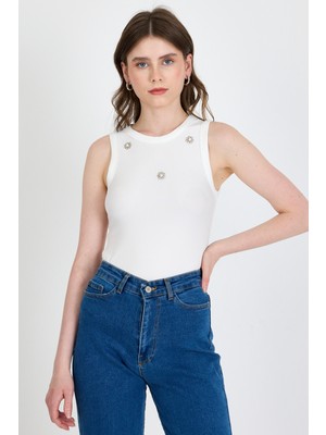 Ekru Inci Taş Detaylı Halter Yaka Ribanalı Atlet 0649
