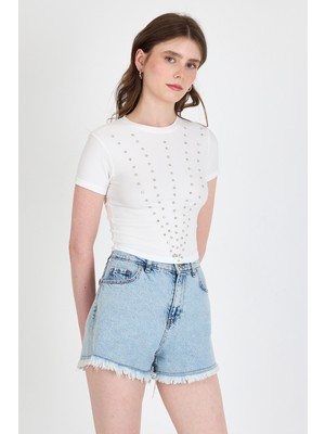 Ekru Bisiklet Yaka Taş Işleme Detaylı Slim Fit Crop Tişört 1149