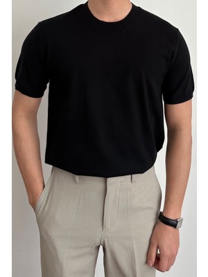 Tarz Cool Erkek Siyah Slim Fit Bisiklet Yaka Triko T-Shirt