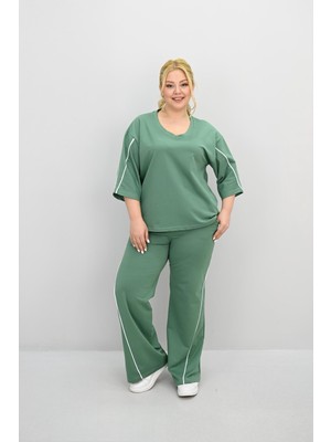 Kadın Büyük Beden Kısa Kollu V Yaka Ara Biye Detaylı Eşofman Takımı 8181-25