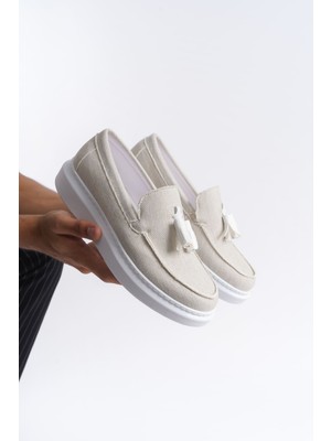 ET154 Blaze Bağcıksız Püsküllü Keten Erkek Günlük Spor Klasik Ayakkabı Bt - Beyaz