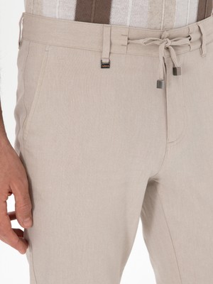Cacharel Erkek Bej Slim Fit Keten Karışımlı Beli Bağcıklı Kanvas Pantolon 50300944-VR011