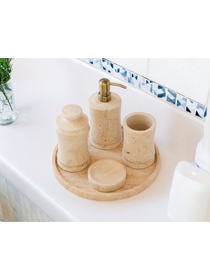 Celestia Ultra Lüks 5 Parça Bej Traverten Mermer Banyo Aksesuar Seti - Ithal Çelik Pompalı - Özel Üretim İnce Belli Form - Yuvarlak Tepsi