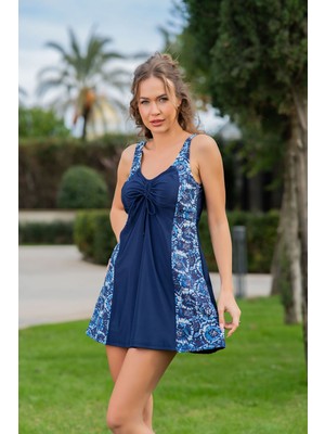 Rukomayo Lacivert Çiçek Desenli Büyük Beden Büzgülü Omuzdan Askılı Lycra Kumaş Elbise Mayo