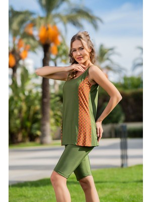 Rukomayo  Yeşil Desenli Omuzdan Askılı Lycra Kumaş Taytlı Tankini