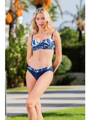 Rukomayo Lacivert Yaprak Desenli Omuzdan Ayarlanabilir Askılı Lycra Kumaş Dönmeli Straplez Bikini