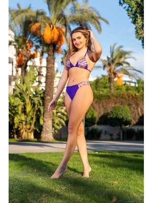 Rukomayo Mor Leopar Desenli Brezilya Kesim Lycra Kumaş Küçük Üçgen Bikini