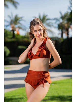 Rukomayo Taba Volanlı Etek Detaylı Geniş Üçgen Lycra Kumaş Bikini