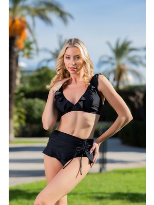 Rukomayo Siyah Volanlı Etek Detaylı Geniş Üçgen Lycra Kumaş Bikini