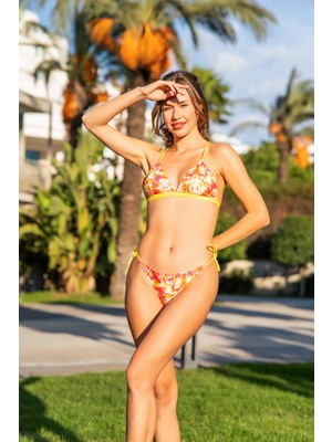Rukomayo Sarı  Desenli Tanga Model Çapraz Askılı Üçgen Bikini