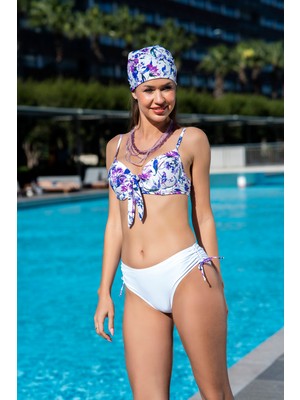 Rukomayo Mor Beyaz Desenli Düğüm Detaylı Kaplı Lycra Kumaş  Bikini