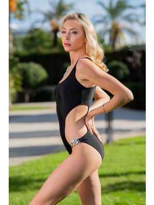 Rukomayo Siyah Zincir Detaylı Tek Omuz Lycra Kumaş Mayo