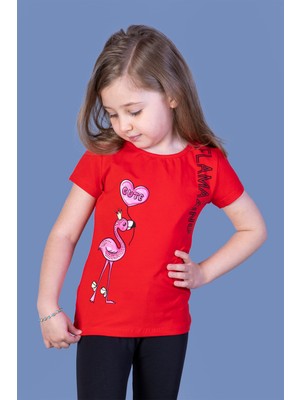 Toontoy Kız Çocuk Flamingo Desenli Taş Işlemeli Baskılı Tişört