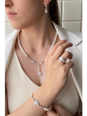 Baget Taşlı Doğal Inci Küpe Kolye Bilekilk Yüzük Dörtlü Set