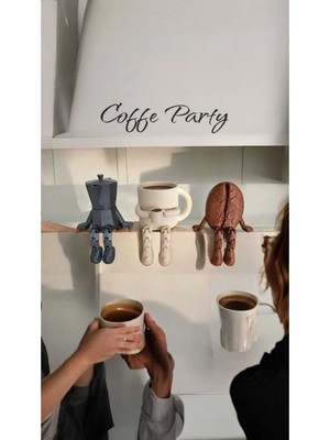 Dekoratif Kahve Köşesi  Biblo Seti 3lü Kahve Çekirdeği, Bej Kahve Kupası, Moka Pot, Coffee Set