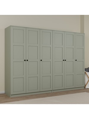 Lucas 6 Kapaklı,15 Raf Bölmeli Yüklük & Askılıklı Geniş Elbise Dolabı-Gardırop Kül Yeşili 190X270 cm