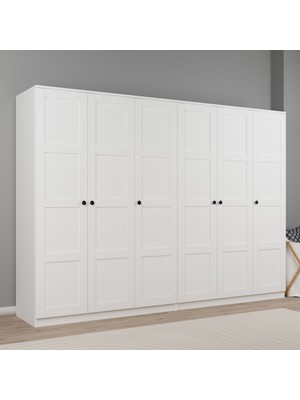 Lucas 6 Kapaklı,15 Raf Bölmeli Yüklük & Askılıklı Geniş Elbise Dolabı-Gardırop Beyaz 190X270 cm