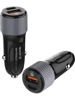 Sword 38W Qc3.0+Pd3.0 Hızlı Araç Şarjı, Usb-C & Usb-A, Akıllı Çip, LED Işık SW-1U1CQ3