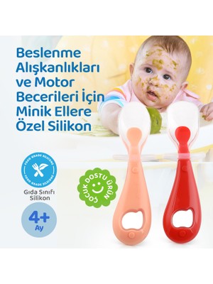 Guqqo Silikon Bebek Mama Kaşık Seti, Diş Kaşıyıcı, 2 Li Set, Kırmızı Pembe