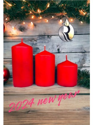 3 Adet Silindir Mum Seti Kırmızı