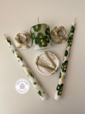 6’lı Yeşil Çiçek Desenli El Boyaması ve Gold Detaylı Mum Seti