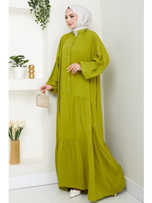 Yarasa Kol Dokuma Viskon Elbise 1536 - Yağ Yeşili