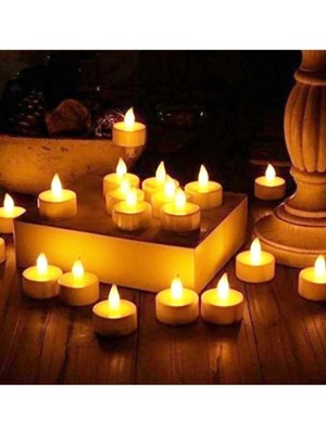 Ledli Mum Tealight Işıklı Dumansız Alevli Sarı LED Mum Pilli 24 Adet Pil Dahil