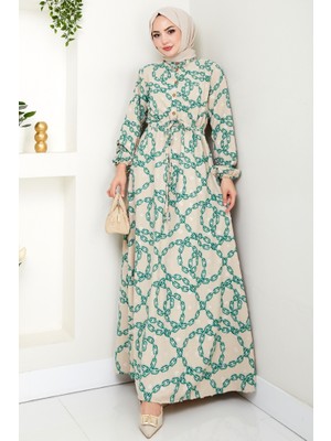 Zincir Desen Ponponlu Ayrobin Elbise 1540 - Yeşil