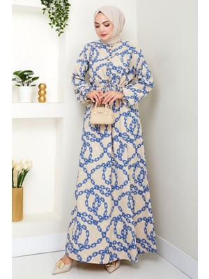 Zincir Desen Ponponlu Ayrobin Elbise 1540 - Indigo