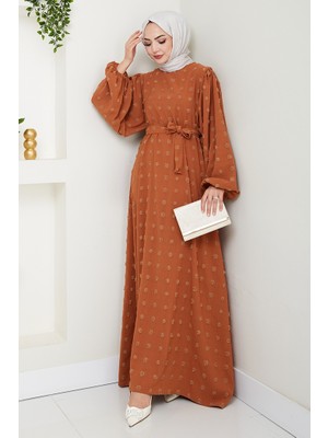 Kuşaklı Ponpon Detay Ayrobin Elbise 1538 - Kiremit