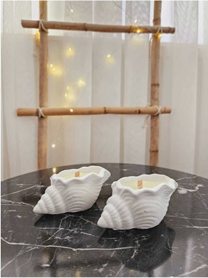 Dekoratif Hediyelik Ikili Bebek Pudrası Kokulu Deniz Kabuğu Ahşap Fitilli Mum