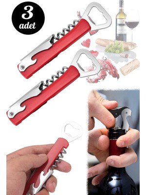 3'lü Çelik Tirbuşon Şarap Mantar Açacağı Şişe Açacağı Garson Tipi Meşrubat Gazoz Kapak Açacağı Seti