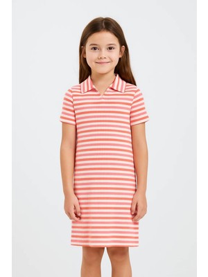 Kız Çocuk Renkli Çizgili Polo Yaka Triko Yazlık Mini, Midi Elbise