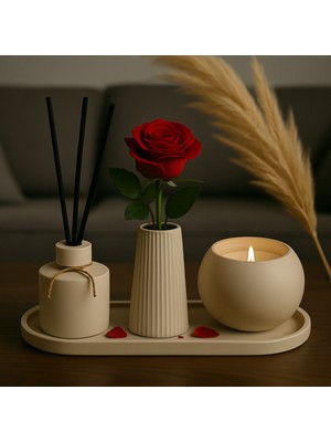 Dekoratif Tepside 3 Lü Çizgili Vazo & Mumluk