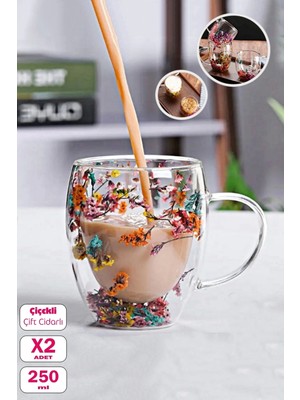 2'li Çift Cidarlı Çiçekli Bardak 250ML Kahve Çay Bardağı El Yapımı Kulplu Borosilikat Cam Bardağı