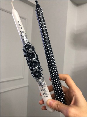 2’li Gümüş Detaylı El Yapımı Mum Seti / Siyah Şamdan Mum Seti