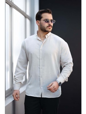 Pera Kumaş Keten Görünümlü Yarım Oversize Uzun Kollu Erkek Gömlek - Taş