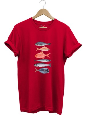 Fishing Balıkçılık Baskılı Renkli Çeşitli Balık Tasarım %100 Pamuk Regular Fit Bisiklet Yaka T-Shirt