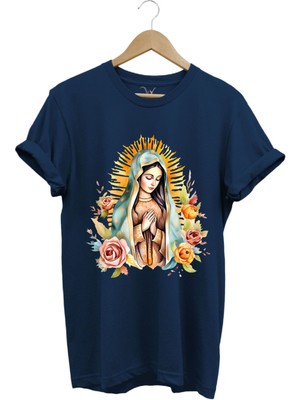 Renkli Meryem Ana Baskılı %100 Pamuk Regular Fit Bisiklet Yaka T-Shirt