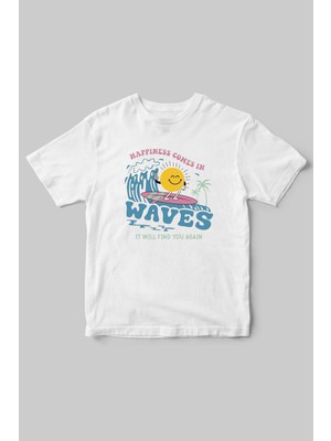 Denizde Sörf Güneş Baskılı Yazlık %100 Pamuk Tişört