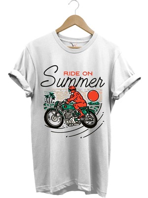 Motorsiklet Motorcu Özel Yaz Tasarımlı Ride On Summer Regular Fit %100 Pamuk T-Shirt