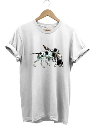 Avcılık Hunting Renkli Pointer Setter Köpekleri Baskılı %100 Pamuk Regular Fit Bisiklet Yaka T-Shirt