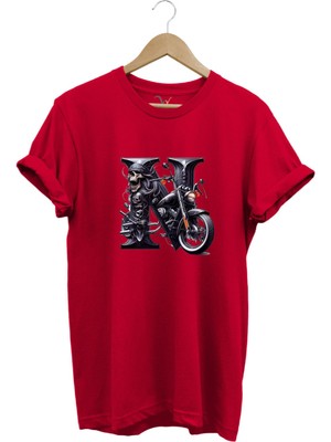 N Harfi Baskılı Motosiklet Kuru Kafa %100 Pamuk Regular Fit Bisiklet Yaka T-Shirt